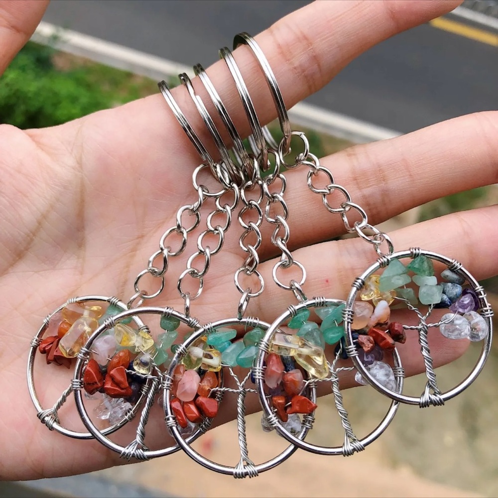 5 Piece Silver Tree Of Life stone Keychains